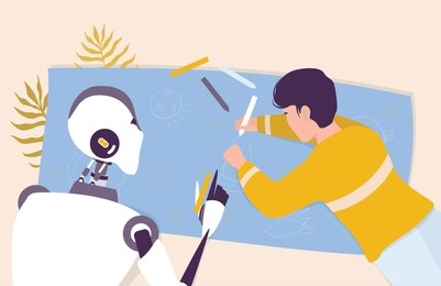 artificial intelegence as a part of human routine. domestic personal robot taking care of child. ai helps people in their life, future technology concept. vector illustration in cartoon style