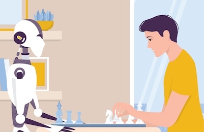 artificial intelegence as a part of human routine. domestic personal robot play chess with man. ai helps people in their life, future technology concept. vector illustration in cartoon style