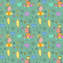 festive seamless pattern with funny characters in carnival costumes and decor elements (flags, garlands, baloons, stars, hearts). good for gift paper, postcards, birthday invitation