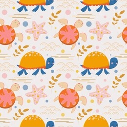 seamless pattern with cute childish illustration. cartoon sea turtles, sea star, seaweed in cartoon background in vector. illustration for children in vector. cute sea, ocean characters.