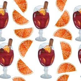 watercolor hand drawn seamless pattern with glass of red warm hot winter christmas drink beverage mulled wine with orange anise badian cinnamon stick spices for winter decoration wallpaper textile
