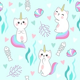 seamless pattern with cute caticorn and marine background and elements.vector illustration.kawaii style.
