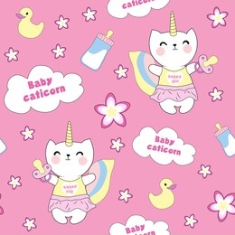 seamless pattern with cute baby caticorn and cute elements.vector illustration.kawaii style.