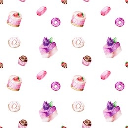 seamless pattern with dessert, strawberry, donuts, cakes; watercolor hand draw illustration; with white isolated background