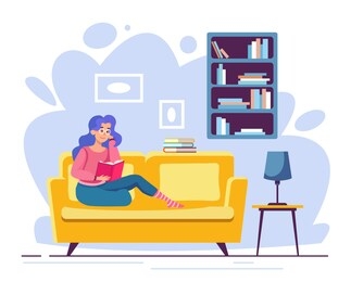 books reading flat vector illustration. literature lover. women enjoying novel, studying on a sofa. cartoon character isolated on white background