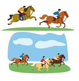equestrian, derby sport flat hand drawn color illustration set. stallion. equestrianism. racehorse hand drawn clipart. horse racing competition.professional jockeys, riders. hippodrome, isolated.