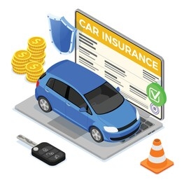 online car insurance isometric concept for poster, web site, advertising with car insurance policy on screen laptop, money, key and shield. isolated vector illustration