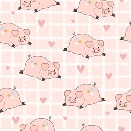 seamless pattern with cute cartoon pigs and hearts