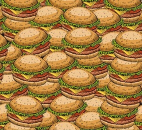 burger seamless pattern. hand drawn sketch of fast food. bunch of burgers.
vector illustration.