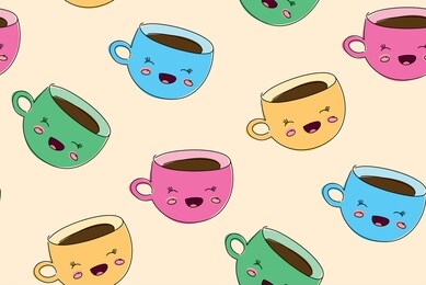 cartoon character. fun cup of coffee. flat design. seamless pattern. vector illustration