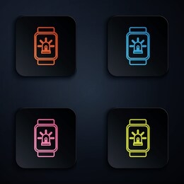 color neon line smart watch with smart house and alarm icon isolated on white background. security system of smart home. set icons in colorful square buttons. 