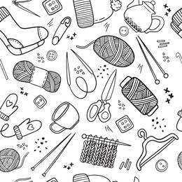 vector seamless pattern drawn doodle  hand made accessories for knitting, thread, yarn, knitting needles, socks, mittens and caps. background for textiles, cards, stationery, sites, your work.