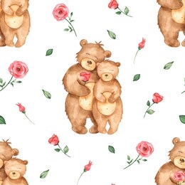 bears in love with flowers. watercolor seamless pattern on a white background