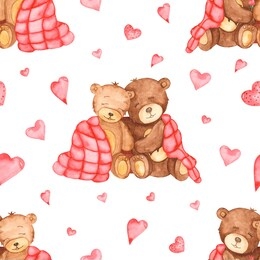 lovers bears under the covers. watercolor seamless pattern on a white background