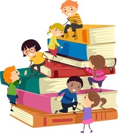 illustration of stickman kids helping one another to climb up a stack of books