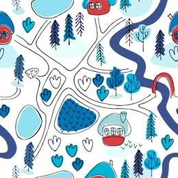 seamless pattern. countryside map in cartoon style. winter landscape. perfect for kids design projects