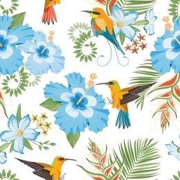 
topical flowers seamless pattern. exotic background. flowers and birds vector