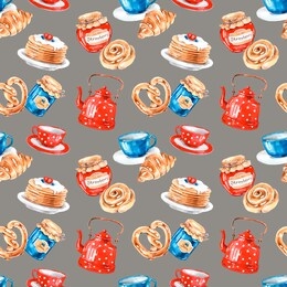 tea party home baking kitchen watercolor seamless pattern. perfect illustration for bakery shop, kitchen design. teapot, vintage cups. jar of jam, pancakes, croissant and pretzel. grey background