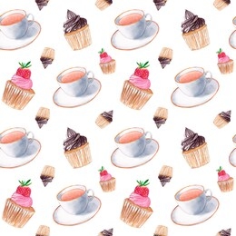 cups with chocolate and strawberry cupcakes seamless pattern, white cup and dessert, watercolor seamless pattern, tea time, cup of coffee