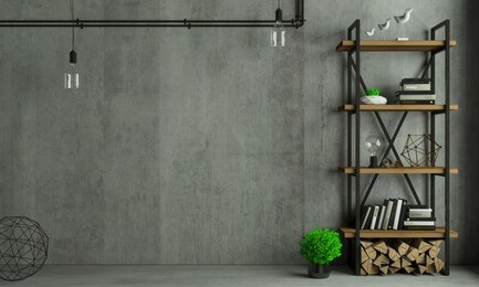 3d illustration. modern interior in loft style background old wall. furniture and shelves. bookcase. studio for creativity