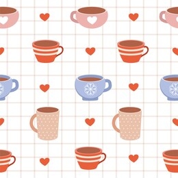 the seamless pattern of cute cup and heart on the white background. the pattern of cute snowflake cup and red cup and pink cup with pattern of heart on the white background. 