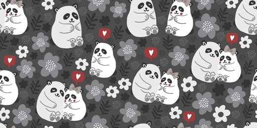 seamless pattern with cute pandas couples in love with flowers, speech bubble with love emoji, polka dots in pastel colors. valentines day kids pattern with cute animals. children pattern.
