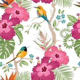 
topical flowers seamless pattern. exotic background. flowers and birds vector. hummingbird cartoon