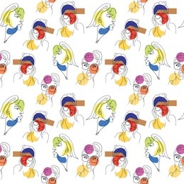 abstract, portrait , fashion , continuous line vector seamless pattern on white background . concept for print, textile , wallpaper, wrapping paper   