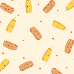 vector kawaii pattern with hot dog and mustard on a pastel yellow background with stars and hearts. pattern of elements located in different directions. happy hot dog and cute mustard.