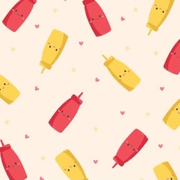 vector kawaii pattern with tomato ketchup and mustard on a pastel yellow background with stars and hearts. pattern of elements located in different directions. happy ketchup and cute mustard.