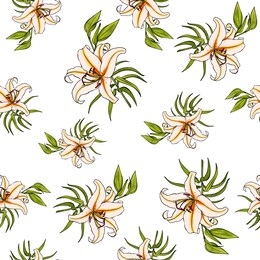 tiger lilies. floral seamless pattern isolated on white background. wrapping paper, wallpaper, fabric, textile, print design. flowers. stock illustration.