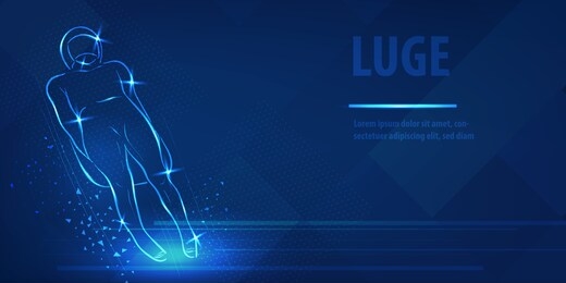 skeleton racer on luge silhouette neon banner. speed skating sport. ice skiing race. blue neon horizontal banner. olympic winter games. skeleton man fugure in blue neon winter sport vector background