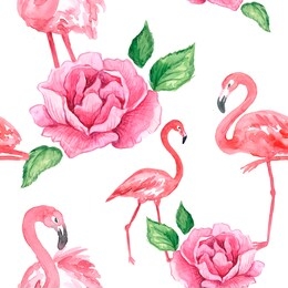 pink flamingo flowers pattern. watercolor drawing. pink flamingo on white background. beautiful watercolor flowers. seamless pattern.