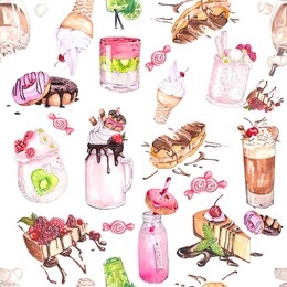 delicious summer desserts with, berries and donuts.
 watercolor illlustration. seamless pattern