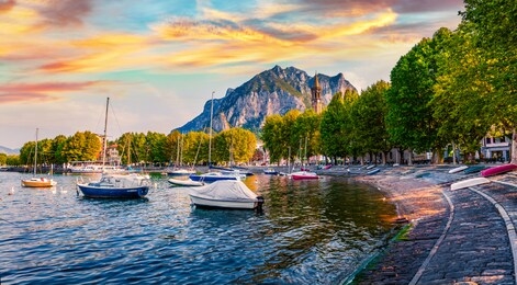 stunning morning cityscape lecco town, italy, europe. colorful summer scene of como lake. traveling concept background.