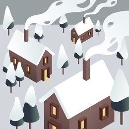 3d countryside. simple low poly architecture. isometric vector illustration of snowy winter village.