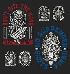a set of two edgy tattoo style illustration graphic designs for t-shirts or other merchandise. hand holding rose and snake with dagger