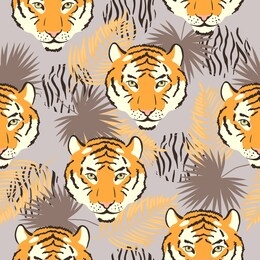 vector seamless tropical pattern with tiger heads and palm leaves.