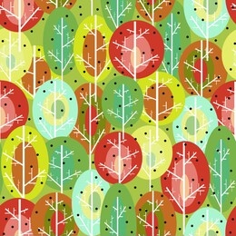 seamless pattern with cartoon green red yellow trees, autumn forest, for fabric, children's wallpaper and holidays, paper, postcard, gray background