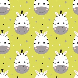 zebra seamless pattern. funny smiling zebra face on green background with stars. cute tropical animal. design for kids clothes, wrapping, gift paper, textile. cartoon vector illustration