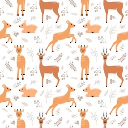 seamless pattern with deer, doe, roe deer on the background of a tree, plant, bush and different elements. vector illustrations in the scandinavian style.