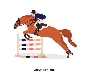 show jumping flat vector illustration. horse rider, athlete cartoon character. equestrian show, horseback riding competition concept. equine jumping over barrier isolated on white background.