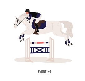 eventing, equestrian competition flat vector illustration. horse rider, horseman cartoon character. equestrian show, performance. horse jumping over barrier isolated on white background.