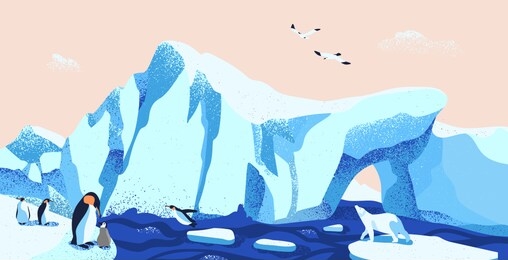 north pole, arctic ice landscape flat vector illustration. beautiful antarctic scenery with local fauna. glacier panorama with emperor penguins, polar bear and seagulls. boreal climate inhabitants.