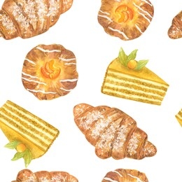 delicious desserts. seamless pattern. hand drawn watercolor illustration. texture for print, fabric, textile, wallpaper.