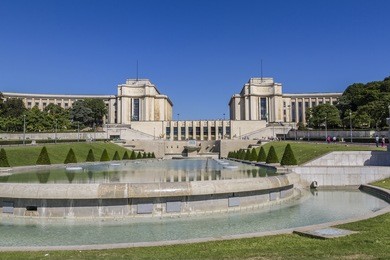 trocadero is a area of paris on the banks of seine not far from famous eiffel tower. hill of trocadero is hill of chaillot. on a hilltop in 1937 built a new palace - palais de chaillot. paris, france.