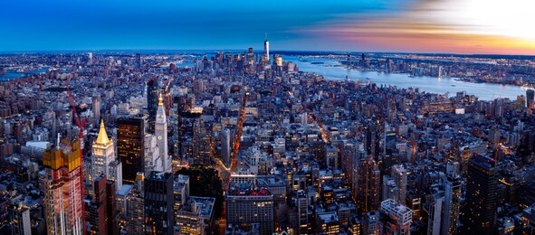 lower manhattan cityscape at sunset
