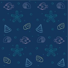 seamless pattern - marine inhabitants on a classic blue background. linear multicolored shells, fish, starfish and bulbs - vector seamless ocean background.