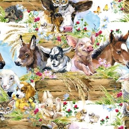 farms animal seamless pattern. cute domestic pets watercolor illustration. foal, piggy, chicken, dog, duckling, sheep, goat, calf, donkey, kitten,