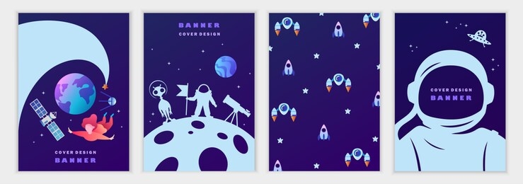 set of space templates for banners, invitations, flyers, cards, flyers, covers. science, planets, astronaut, universe. vector children's illustration. blue sky. space trip.